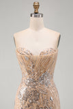 Champagne Strapless Sequins Bodycon Homecoming Dress with Lace Up Back