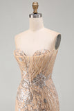 Champagne Strapless Sequins Bodycon Homecoming Dress with Lace Up Back