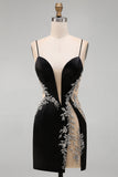 Black Bodycon Floral Spaghetti Straps Short Homecoming Dress with Beading