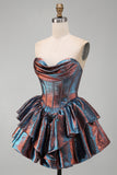 Iridescent Metallic Strapless Corset Tiered Basque Waist Homecoming Dress with Ruffles