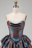 Iridescent Metallic Strapless Corset Tiered Basque Waist Homecoming Dress with Ruffles