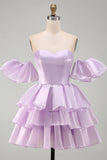 Off the Shoulder Lilac A-Line Tiered Ruffled Short Homecoming Dress with Lace Up Back