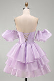 Off the Shoulder Lilac A-Line Tiered Ruffled Short Homecoming Dress with Lace Up Back