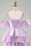 Off the Shoulder Lilac A-Line Tiered Ruffled Short Homecoming Dress with Lace Up Back
