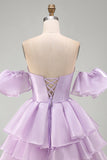 Off the Shoulder Lilac A-Line Tiered Ruffled Short Homecoming Dress with Lace Up Back