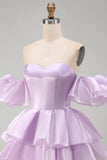 Off the Shoulder Lilac A-Line Tiered Ruffled Short Homecoming Dress with Lace Up Back
