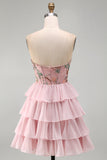 Pink Sweetheart Corset Basque Waist Tiered Ruffled Homecoming Dress with Sequins