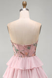 Pink Sweetheart Corset Basque Waist Tiered Ruffled Homecoming Dress with Sequins