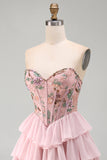 Pink Sweetheart Corset Basque Waist Tiered Ruffled Homecoming Dress with Sequins