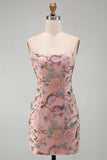 Pink Floral Embroidery Bodycon Lace Up Back Short Homecoming Dress with Sequins