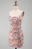 Pink Floral Embroidery Bodycon Lace Up Back Short Homecoming Dress with Sequins