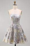 A-Line Blue Flower Strapless Corset Ruffled Jacquard Lace Up Back Homecoming Dress