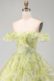 A-Line Yellow Green Off the Shoulder Floral Short Homecoming Dress with Ruffles