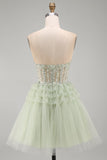Strapless A-Line Dusty Sage Corset Floral Ruffled Homecoming Dress with Beading