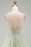 Strapless A-Line Dusty Sage Corset Floral Ruffled Homecoming Dress with Beading