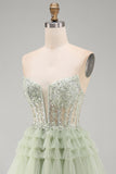 Strapless A-Line Dusty Sage Corset Floral Ruffled Homecoming Dress with Beading