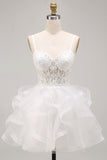 White A-Line Sheer Corset Floral Lace Up Back Short Homecoming Dress with Ruffles