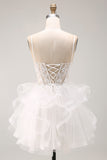 White A-Line Sheer Corset Floral Lace Up Back Short Homecoming Dress with Ruffles