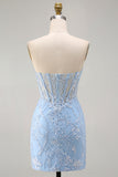 Blue Sweetheart Sheer Corset Bodycon Sequins Short Homecoming Dress with Appliques