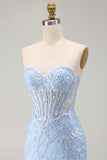 Blue Sweetheart Sheer Corset Bodycon Sequins Short Homecoming Dress with Appliques