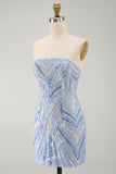 Sparkly Strapless Blue Bodycon Sequins Short Homecoming Dress with Beading