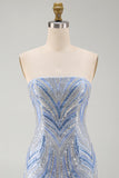 Sparkly Strapless Blue Bodycon Sequins Short Homecoming Dress with Beading