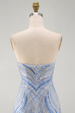 Sparkly Strapless Blue Bodycon Sequins Short Homecoming Dress with Beading