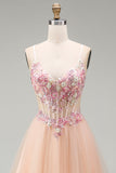 Champagne A-Line Tulle Sheer Corset Floral Long Prom Dress with Lace Up Back
