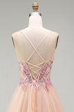 Champagne A-Line Tulle Sheer Corset Floral Long Prom Dress with Lace Up Back
