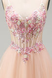 Champagne A-Line Tulle Sheer Corset Floral Long Prom Dress with Lace Up Back