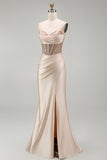 Champagne Mermaid Satin Corset Beaded Long Prom Dress with Slit