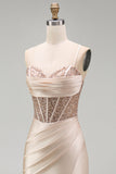 Champagne Mermaid Satin Corset Beaded Long Prom Dress with Slit