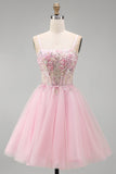 A-Line Pink Floral Corset Spaghetti Straps Sequins Short Cocktail Dress with Beading