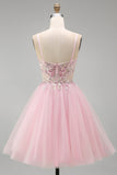 A-Line Pink Floral Corset Spaghetti Straps Sequins Short Cocktail Dress with Beading