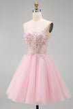 A-Line Pink Floral Corset Spaghetti Straps Sequins Short Cocktail Dress with Beading