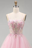 A-Line Pink Floral Corset Spaghetti Straps Sequins Short Cocktail Dress with Beading