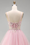A-Line Pink Floral Corset Spaghetti Straps Sequins Short Cocktail Dress with Beading