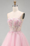 A-Line Pink Floral Corset Spaghetti Straps Sequins Short Cocktail Dress with Beading