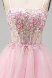 A-Line Pink Floral Corset Spaghetti Straps Sequins Short Cocktail Dress with Beading