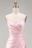 Satin Pink Mermaid Ruched Long Prom Dress with Slit