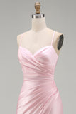 Satin Pink Mermaid Ruched Long Prom Dress with Slit