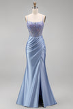 Dusty Blue Floral Appliques Sequins Sheer Corset Ruched Mermaid Satin Long Prom Dress