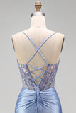 Dusty Blue Floral Appliques Sequins Sheer Corset Ruched Mermaid Satin Long Prom Dress