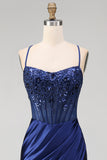Navy Floral Embroidery Corset Ruched Mermaid Satin Long Prom Dress with Side Slit