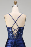 Navy Floral Embroidery Corset Ruched Mermaid Satin Long Prom Dress with Side Slit