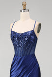 Navy Floral Embroidery Corset Ruched Mermaid Satin Long Prom Dress with Side Slit