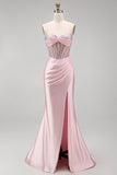 Satin Beaded Pink Corset Ruched Mermaid Long Prom Dress with Side Slit