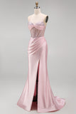 Satin Beaded Pink Corset Ruched Mermaid Long Prom Dress with Side Slit