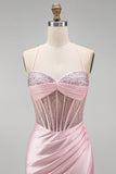 Satin Beaded Pink Corset Ruched Mermaid Long Prom Dress with Side Slit