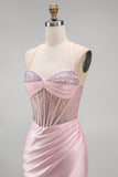 Satin Beaded Pink Corset Ruched Mermaid Long Prom Dress with Side Slit